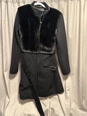 Vince Camuto Black Wool-Blend Trench Coat with Faux Fur Chest